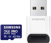 Samsung PRO Plus microSD Card + USB Card Reader, 256 GB, for Mobile Gaming on Smartphones, Tablet and Handheld Consoles, UHS-I U3, Full HD & 4K UHD, 180 MB/s Read, 130 MB/s Write, MB-MD256SB/WW