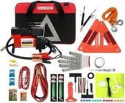 Blikzone 82- Pc Auto Roadside Assistance Emergency Essentials Digital Car Kit Truck & RV with Tire Repair Kit, Jumper Cables, Portable Air Compressor, Tow Strap, Emergency Triangle