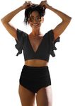 Sporlike Women Ruffle High Waist Swimsuit Two Pieces Push Up Black Bikini (Black,Large)