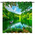 YUANZU Scenery Curtains - Forest Green Nature Pond Lake View Fishing Boat Print Pattern Eyelet Thermal & Room Darkening Blackout Window Drapes for Bedroom Living Room 2 Panels W168cm x D183cm