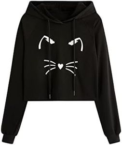 SweatyRocks Women's Long Sleeve Hoodie Crop Top Cat Print Pullover Sweatshirt Black White Cat XL