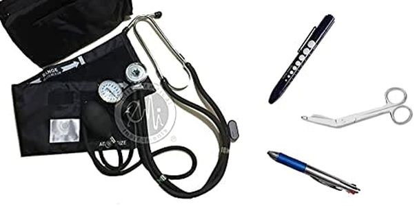 NK442-5 Piece Nurse Kit Set - Sprague Rapport Stethoscope and Aneroid Sphygmomanometer Manual Blood Pressure Set, Reusable Penlight, Chart Pen, and 5.5" Lister Bandage Scissors