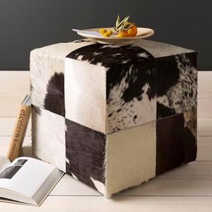 Mark&Day Pouf Ottoman, Gollersdorf Hide Leather and Fur Cream Cube Pouf Foot Rest for Living Room, Bedroom and Boho Home Decor (18"x18"x18")