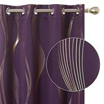 Deconovo Blackout Eyelet Curtains Thermal Insulated Gold Wave Line Foil Printed Curtains for Bedroom 46x54 Inch Purple Grape