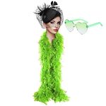 6.6ft/2M Green Feather Boa with Heart Rimless Sunglasses,80g Natural Turkey Feathers Scarf Fancy Dress Fluffy Feather Boa for Girls Dancing Wedding Party Cosplay Halloween,Love Tour,Hen Night