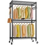 VIPEK V12 Medium Heavy Duty Rolling Garment Rack 3 Tiers Adjustable Clothes Rack with Double Rods & Hooks, Freestanding Wardrobe Closet Storage Rack Metal Clothing Rack for Hanging Clothes, Black