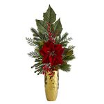 Nearly Natural 32in. Poinsettia, Berries, Pine and Pinecone Artificial Arrangement in Gold Vase