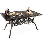 TANGZON Outdoor Large Dining Table, 150 x 90CM Cast Aluminum Rectangular Table with 4/5CM Umbrella Hole & Hollow Pattern, Garden Dining Furniture for Lawn, Backyard, Balcony