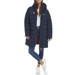 TOMMY HILFIGER Women Solid Puffer Untrimmed Hood Long Jacket, Navy, S