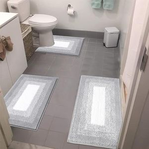 Bsmathom Bathroom Rugs Sets 3 Piece, Ultra Soft Absorbent Bath Mats for Bathroom Non Slip, Machine Washable Bathroom Mat with U-Shaped Contour Toilet Mat for Bathroom Tub, Shower, Light Grey