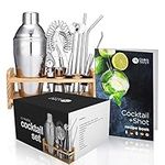 Oak & Steel - Premium Cocktail Shaker Making Kit with Wooden Stand & Recipe Book - Gift Set for Mothers Day Wedding Anniversary Birthday Home and Bar Party