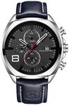 FANMIS Mens Leather Strap Watches Classic Waterproof Sports Stainless Steel Chronograph Date Analog Quartz Watch, Silver Navy Blue, Chronograph,Quartz Watch
