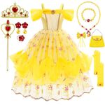 TOLOYE Princess Costumes for Girls, Belle Dress Up for Girls with Crown Fairy Wand Necklace Sets, Belle Princess Dress Long Skirt, Belle Costume Kids Fancy Dress for Carnival Party Cosplay (130)