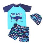 FedMois Boy Swim Set, 3 Pieces Set Swim Shirt + Swimming Shorts + Swimming Cap, Shark, 5-7 Years