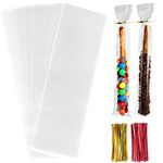Cello Cellophane Treat Bags, 200 PCS 2x10 Inches Clear Long OPP Plastic Bags with Twist Ties for Pretzel Rods, ICY Candy Popsicle