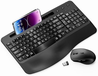 Wireless Keyboard and Mouse Ergonomic Combo, Moojay 2.4G Rechargable Full-Sized Quiet Wave Keyboard Silent Mice Set with Wrist Rest and Phone Holder for Computer, Laptop, PC, Mac, Windows - Black