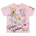 SpongeBob SquarePants Ladies Fashion Shirt - Squidward, Patrick and Mr Krabs Multi Print Allover Tee, Light Pink, Large