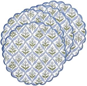 Ridhi Light Steel Blue Bo-ho Round Place Mat Easter Floral Cotton Washable Placemats 15" Round Embroidery Block Print Table Mat Pack of 8-15 Inch Round