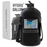 Hydro Gallon® 1 Pro - 1 Gallon Water Bottle Jug with Insulated Sleeve and Straw Lid, Handle, Time Marker, Pocket, Shoulder Strap. Daily Leakproof BPA free Large Big Bottle Men. 128oz (Black)