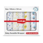 LuvLap 100% Cotton Muslin Baby Swaddles, Triangles Birds & Balloons White Print, 0-18M+, Pack of 5 (120.0cm L X 100.0cm W)