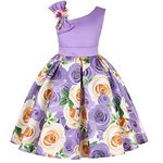 Flower Girl Dress Rose Floral Birthday Party Dresses Sleeveless Off-The-Shoulder with Beaded Bow Strap, Purple/5-6Y 5-6 Years