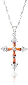 RIZILIA Faith Cross Necklace for Women - Trapezoid Round Cut CZ January Red Garnet - 18K White Gold Plated Birthstone Pendant, 18"+2" Chain - Gift Boxed for Her, Mother Birthday Anniversary
