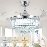 Depuley 42 Inch Crystal Ceiling Fan, Modern Ceiling Fan with Lights Remote Control, Invisible Blades LED Ceiling Fan Chandelier Light for Bedroom, Living Room, 3 Color Changeable,6 Speed