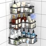 3 Pack Corner Shower Caddy, Stainless Steel Corner Shower Shelf with 18 Hooks, Adhesive Shower Shelves Shower Organizer Corner for Bathroom Storage (Black)