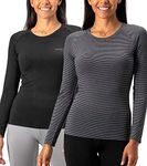 DEVOPS Women's 2 Pack Thermal Long Sleeve Shirts Compression Baselayer Tops (X-Small, Black/Heather Stripe)