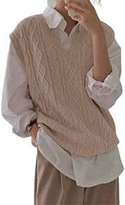Women's V Neck Sweater Vest Oversized Sleeveless Loose Knit Tops Cable Sleeveless Sweater, Khaki, X-Large