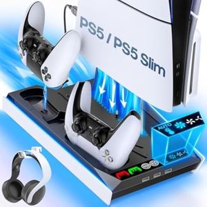 Tokluck PS5/Slim/Pro Cooling Station with Auto Turbofan & 3-Level Speed, PS5 Vertical Stand Cooling Fan Station with Controller Charger, Cooler Docking Station for PlayStation 4 Adapters