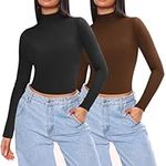 Zeagoo Long Sleeve Crop Tops Slim Fitted T-Shirt Lightweight Mock Turtle Neck Shirts for Women, 2 Pack Black+Brown XS