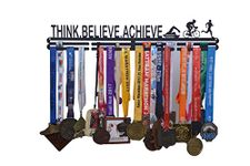 RUNWYND Think Believe Achieve Medal Hanger - Black Wall Medal Holder (56 cm x 9 cm) | Wall Medal Display for 40+ Medals. Medal Stand for Cycling, Swimming, Running, Triathlon.