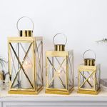 TRIROCKS Gold Stainless Steel Lantern Set of 3-Square Elegance 40&31&21cm Opulent Metal Candle Lanterns with Handle Loop Clear Glass Panels for Outdoor Decor Celebratory(Gold)