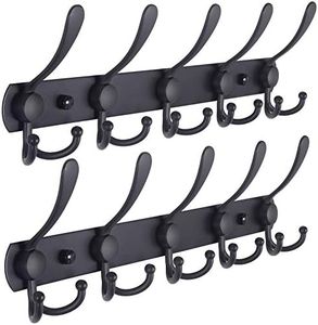 Dseap Coat Rack Wall Mounted - 5 Tri Hooks, Heavy Duty, Stainless Steel, Metal Coat Hook Rail for Coat Hat Towel Purse Robes Mudroom Bathroom Entryway (Black, 2 Packs)