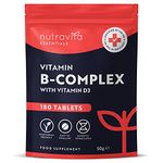 Vitamin B Complex - 180 High Strength Tablets (6 Months Supply) - All 8 B Vitamins B1-B2-B5-B6-B12, Biotin, Folic Acid and Vitamin D3 - Reduction of Tiredness & Fatigue - Made in The UK by Nutravita