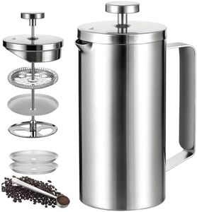 Meelio small French Press Coffee Maker 600ml, Double-Wall Insulated French Press Coffee Press Stainless Steel for travel camping, Silicone handle (2-4cup, 20 OZ) silver