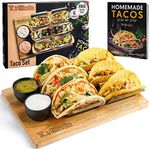 Tortillada - Taco Holders Set of 2 / Taco Holder Shell Stainless Steel with Wooden Serving Tray incl. 2 Ceramic Dip Bowls + Recipe Book