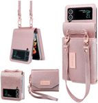 XIMAND for Samsung Galaxy Z Flip 4 Wallet Case with Built-in Leather Cash Slot and Credit Card Holder. Wristlet Strap and Hinge Protection, Carrying Handbag Phone Case for Women Ladies.(Rose Gold)