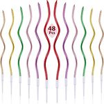 WUERKIYA 48 Pieces Twisty Birthday Candles Spiral Cake Candles with Holders Metallic Cake Cupcake Candles Long Thin Curly Coil Cake Candles for Birthday, Wedding Party and Cake Decoration