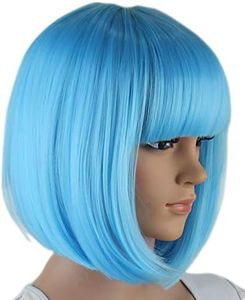 Sky Blue Bob Wigs and A Wig Cap, Short Straight Flat Bangs, Cool Summer Sexy Stylish Cosplay Party Hair Wigs, wig003SBL