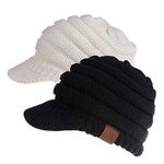 Ymombest Ponytail Beanie Visor Cap Knit Messy High Bun Winter Cap Ribbed Hat Cap (Black+White)