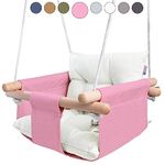 CaTeam - Canvas Baby Swing, Wooden Hanging Swing Seat Chair with Safety Belt, Durable Baby Swing Chair, Outdoor and Indoor Swing for Kids, Mounting Hardware Included, Pink