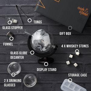 Oak & Steel Large Globe Whiskey Decanter Set – 1500ml with 2 Glasses, Stones & Stand – Gift for Men