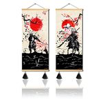 MBOUFOEY 2 Pieces Red Black Ancient Japan Warrior and Fuji Mountain Scroll Painting Samurai Canvas Wall Art Print Poster Ready To Hang Vintage Style Artwork Home Decor 12"x32"x2pcs