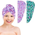 2 Pack Kids Drying Towel Wrap with Mermaid Girls Qucik Dry Hair Turban for Wet Hair Anti Frizz (Green+Purple Mermaid)