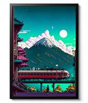 Train Station Mt. Fuji Print, Pixel Art Poster, Neon Tokyo Wall Art, Manga Arcade Home Decor, Anime Gift Idea, Archival Matte, A1 (Print Only) - 84.1x59.4cm