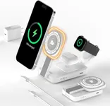 3 in 1 Foldable Wireless Charging Station for iPhone Magnetic Charger,Mag-Safe Travel Wireless Charger Stand Dock Compatible with iPhone 16/15/14/13&Air-Pods&Apple Watch with Night Light Stand(White)