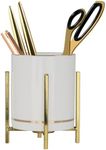 Pen Pencil Holder for Desk, Ceramic Desk Decor Organizer for Womens Girls, Durable Ceramic Pencil Cup Holder, 3.35" x 3.82" Makeup Cups for Brushes, Cup Painted with Gold Trims, Gold Bracket, 1 Pcs