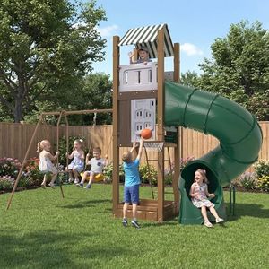 Swing Sets for Backyard with Turbo Tube Slide for Kids 3-8+ All in 1 Kids Outdoor Play Playhouse Equipment with Swings, Climbing Ladder, Sandbox, Basketball Hoop, Outdoor Large Playset for Toddlers